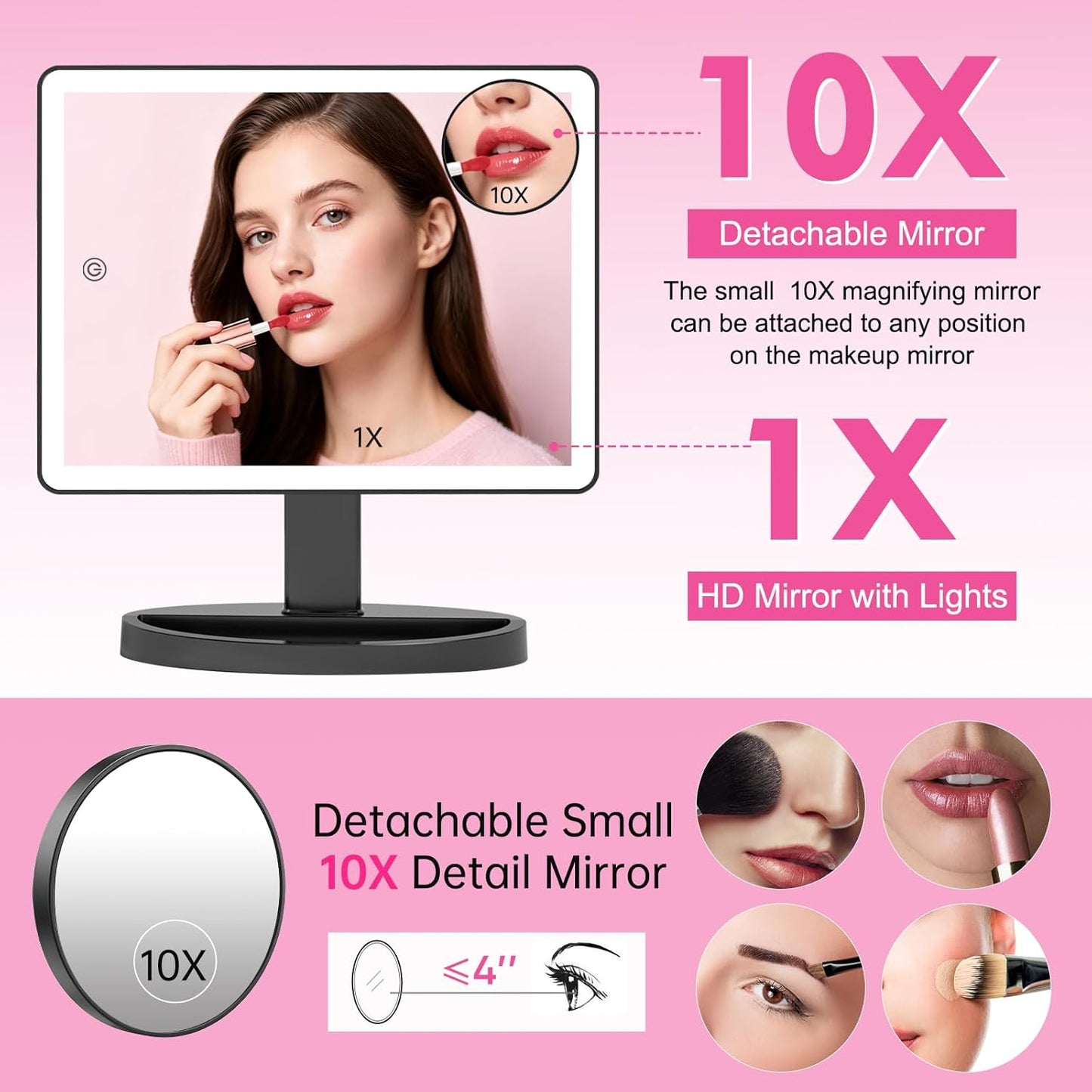 Large Lighted Makeup Mirror - 3 Color Modes, 88 LED, 10X Magnification | 360° Rotation, Touch Screen (Black)