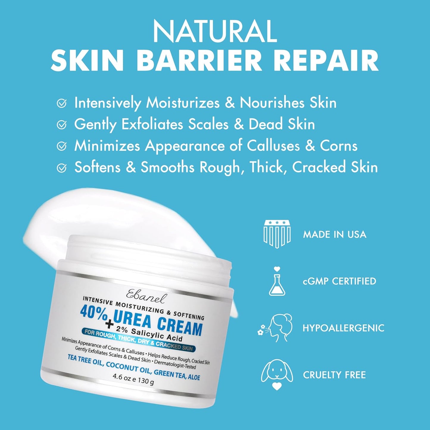 Ebanel Urea Cream 40% - Salicylic Acid Foot Cream for Dry Cracked Heels & Skin Repair | 4 oz