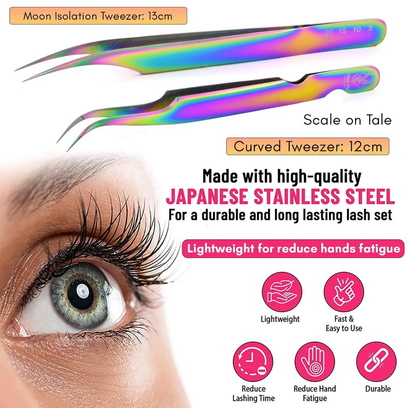 2pcs Fiber Tip Tweezers for Lash Extensions – Curved Tip Base Cut & Isolation Tweezers Set, Precision Stainless Steel Eyelash Extension Tools, Non-Slip Grip, Professional Lash Applicator (Multi)