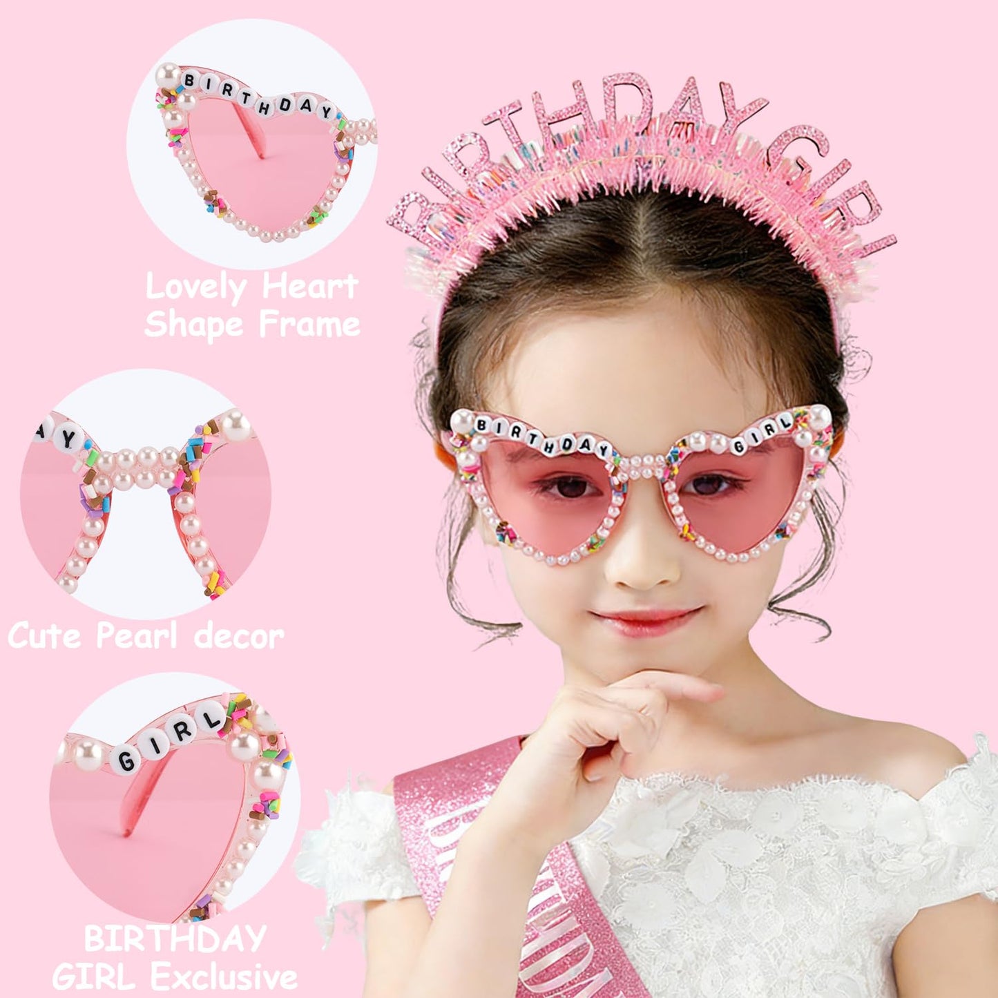 SuPoo Birthday Girl Headband Sash Sunglasses Set, Pink Birthday Accessories for Women Girls Glitter Birthday Crown & Sash Gift Outfit for Party Decorations Fun Glasses