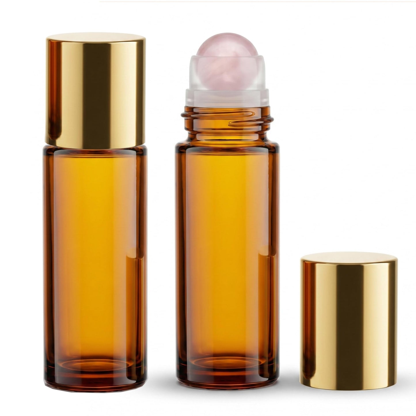 WAYDA Essential Oil Roller Bottle 50ml, 2Pack Amber Glass with Rose Quartz Roller Ball, Leak-Proof Gold Cap, Refillable Perfume Bottle for Relaxation, Stress Relief & On-the-Go Calm