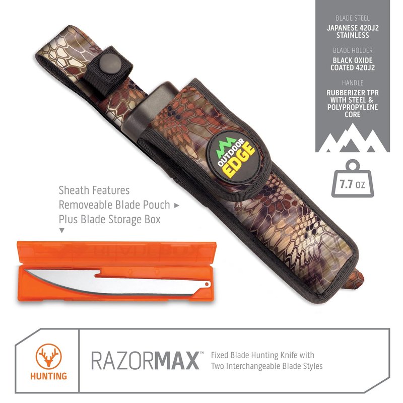 OUTDOOR EDGE RazorMax - Replaceable Fixed Blade Hunting Knife with 3.5" Drop-Point, 5" Boning/Fillet Blades, Belt Sheath and Detachable Blade Carrier (Orange, 6 Blades)