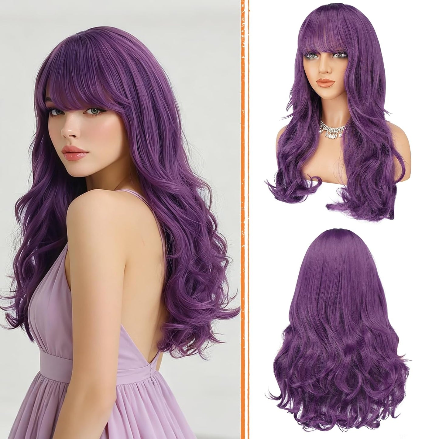 Blonde Wigs with Bangs - Long Wavy Layered Synthetic Hair Wig | Natural-Looking, Heat Resistant, 24 Inch for Daily Wear & Parties