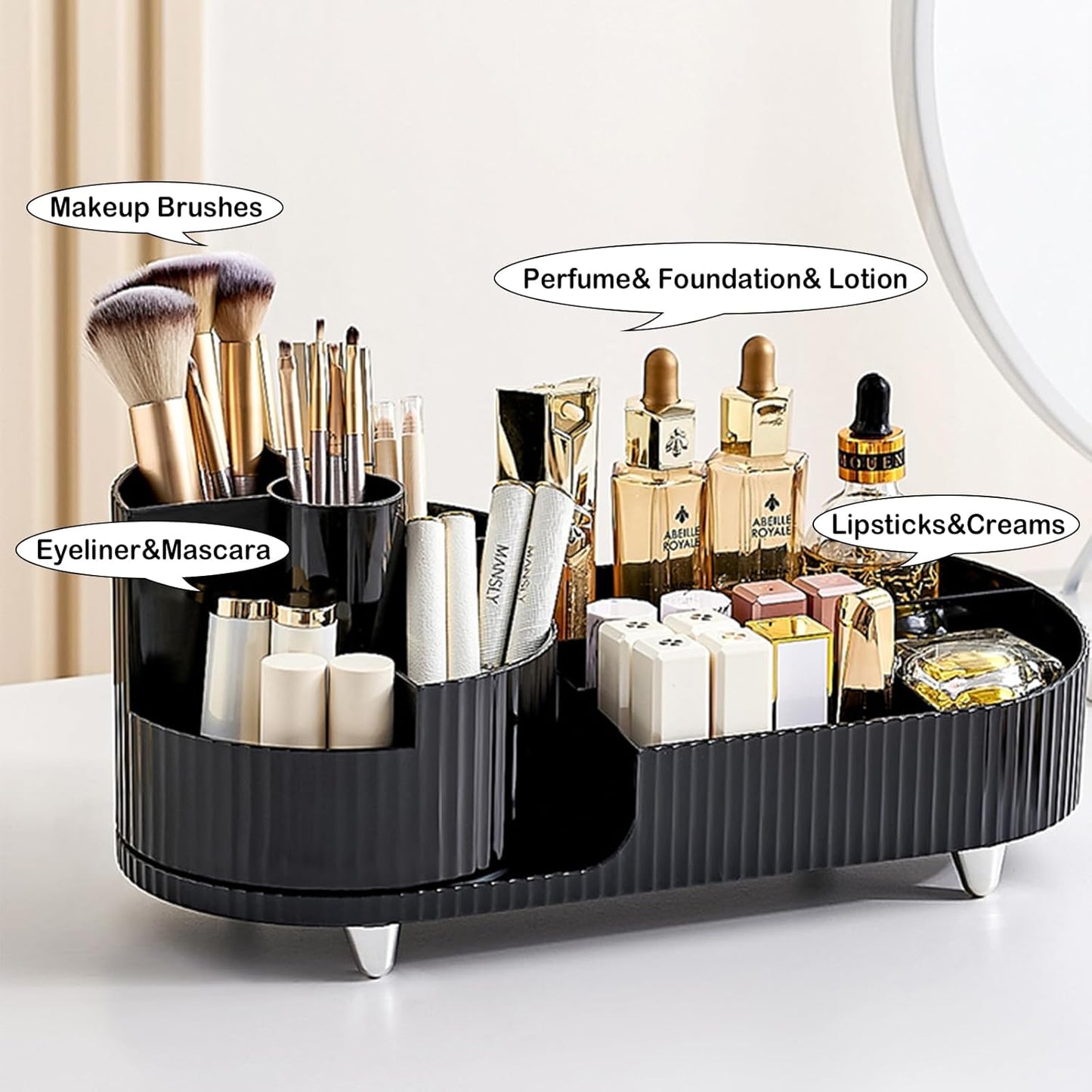 Rotating Makeup Organizer - Large Spinning Vanity Storage with Brush Holder | Black Cosmetic Display Case