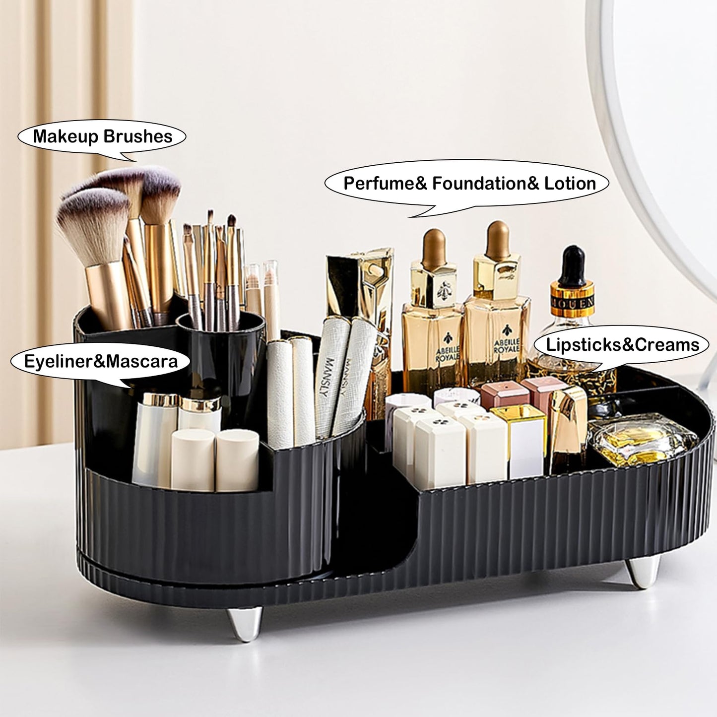 Rotating Makeup Organizer for Vanity with Brush Holder, Cosmetic Makeup Storage Organizer, Large Spinning Makeup Skincare Organizer, Countertop Makeup Perfume Organizer, Lotions Display Case (Black)
