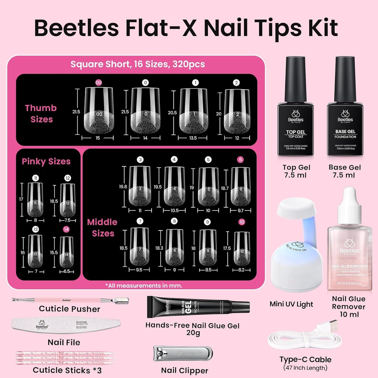 Beetles Gel Nail Kit - 320pcs Flat-X Square Short Nail Tips | 20g Nail Glue, Mini Lamp & DIY Accessories