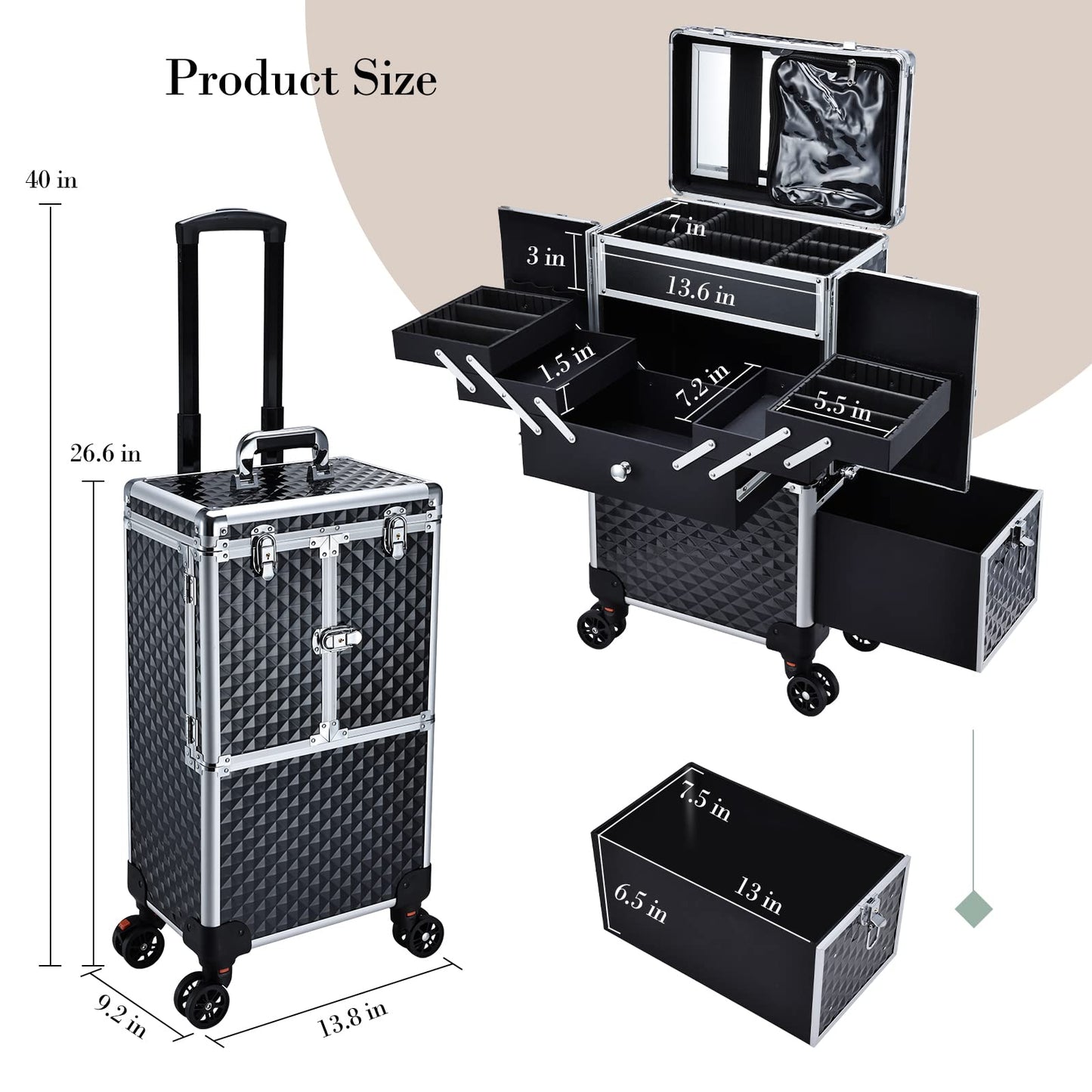 Adazzo Professional Makeup Train Case Extendable Cosmetology Case on wheels