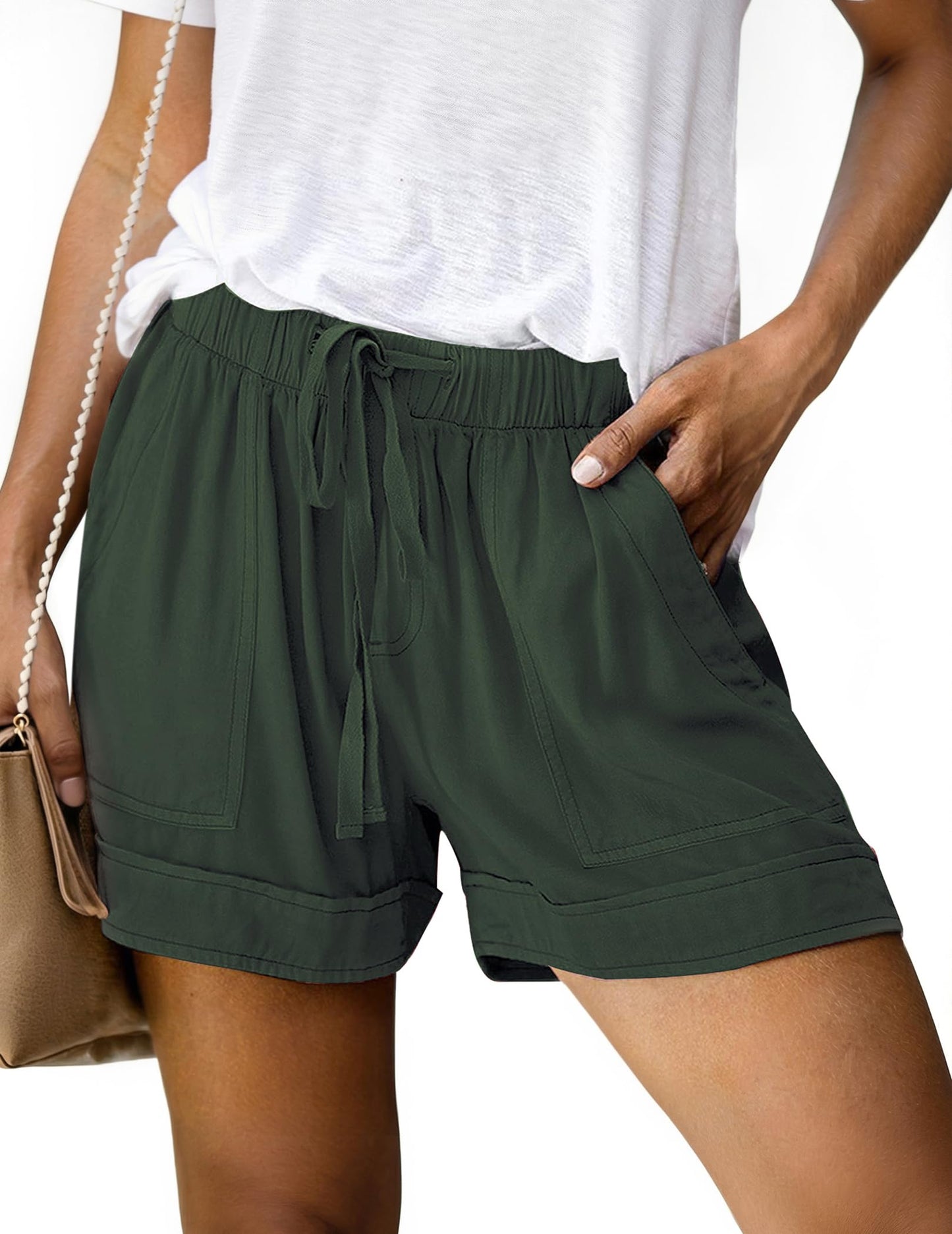 NILOINE Womens Drawstring Shorts Elastic Waist Shorts Casual Summer Beach Cotton Short Pants with Pockets(Army Green,Small)