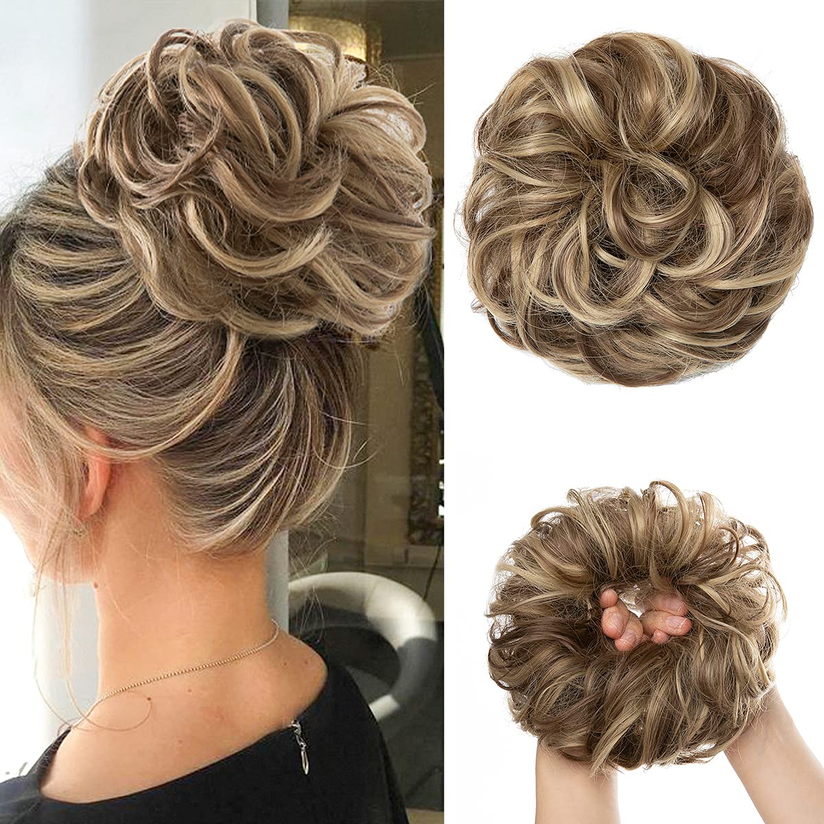 Large Messy Bun Hair Piece - Wavy Curly Synthetic Ponytail Extensions | Thick Updo in Pecan Blonde