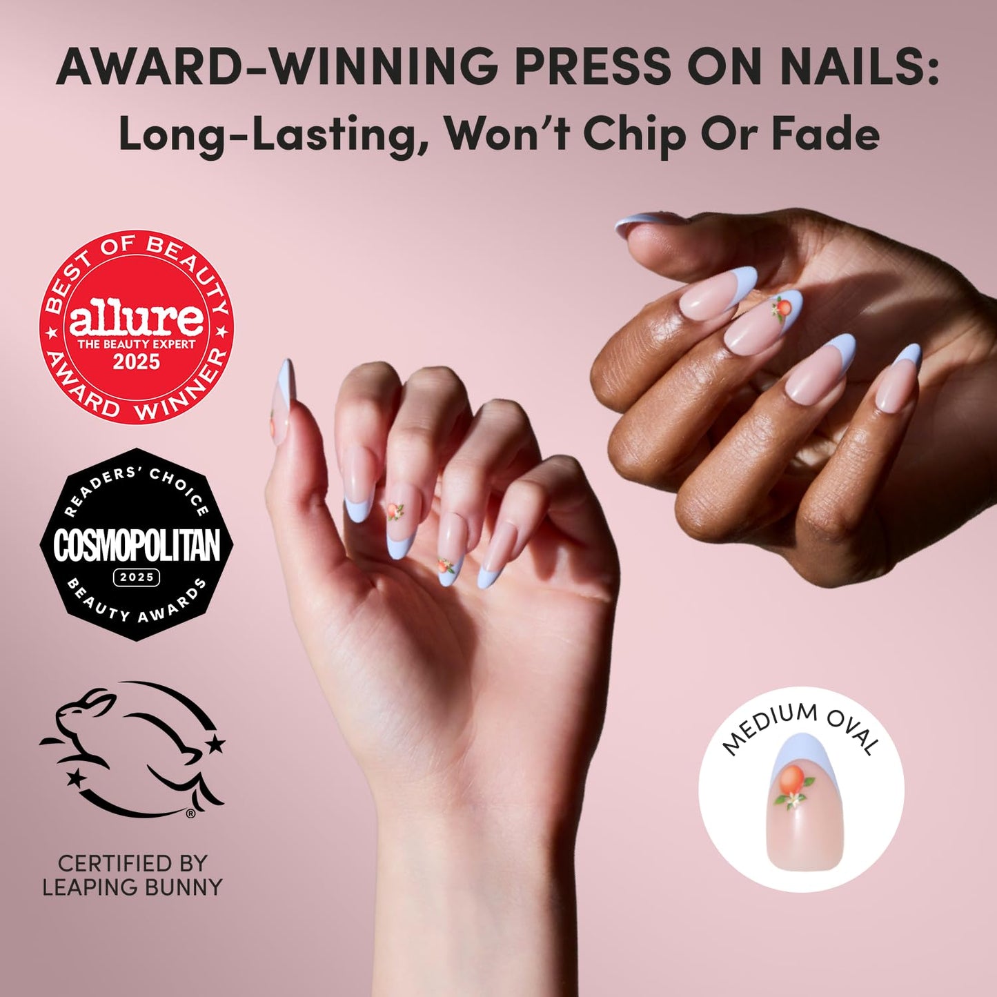 Glamnetic Press On Nails - Medium Oval Blue French Tip Nails | Salon Quality Summer Design | 15 Sizes - 30 Nail Kit with Glue