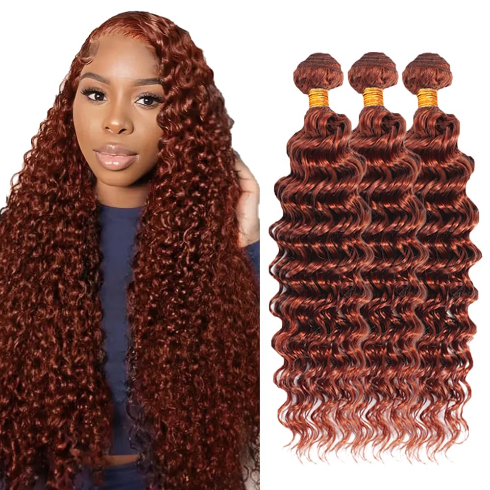 Color 33 Bundles Human Hair Copper Deep Wave Bundle Huxowax Brazilian Virgin Remy Hair 3 Bundles 12 14 16 Inch Double Weft Auburn Deep Wave Bundle Hair Weave 150g