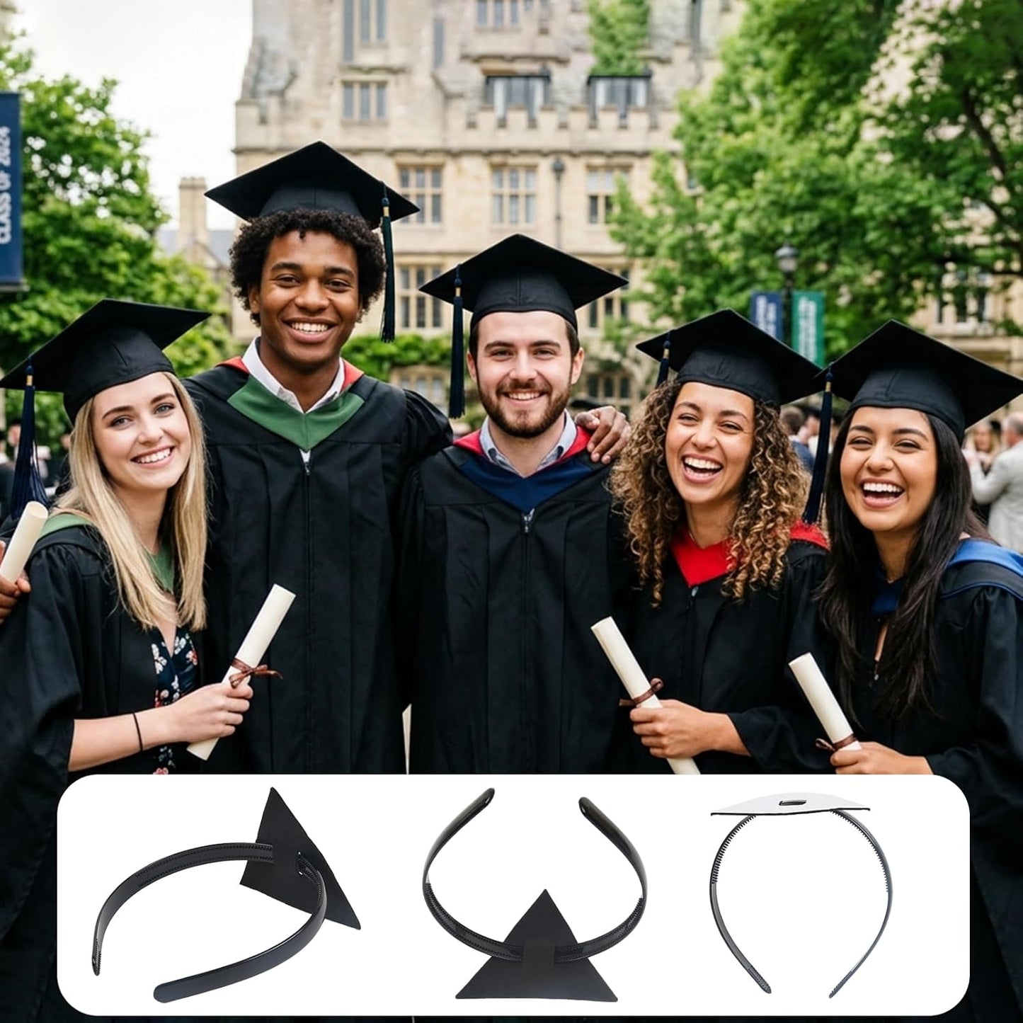 Graduation Cap Headband Insert - Secure Fit for Curly & Thick Hair | No-Slip Design, Black