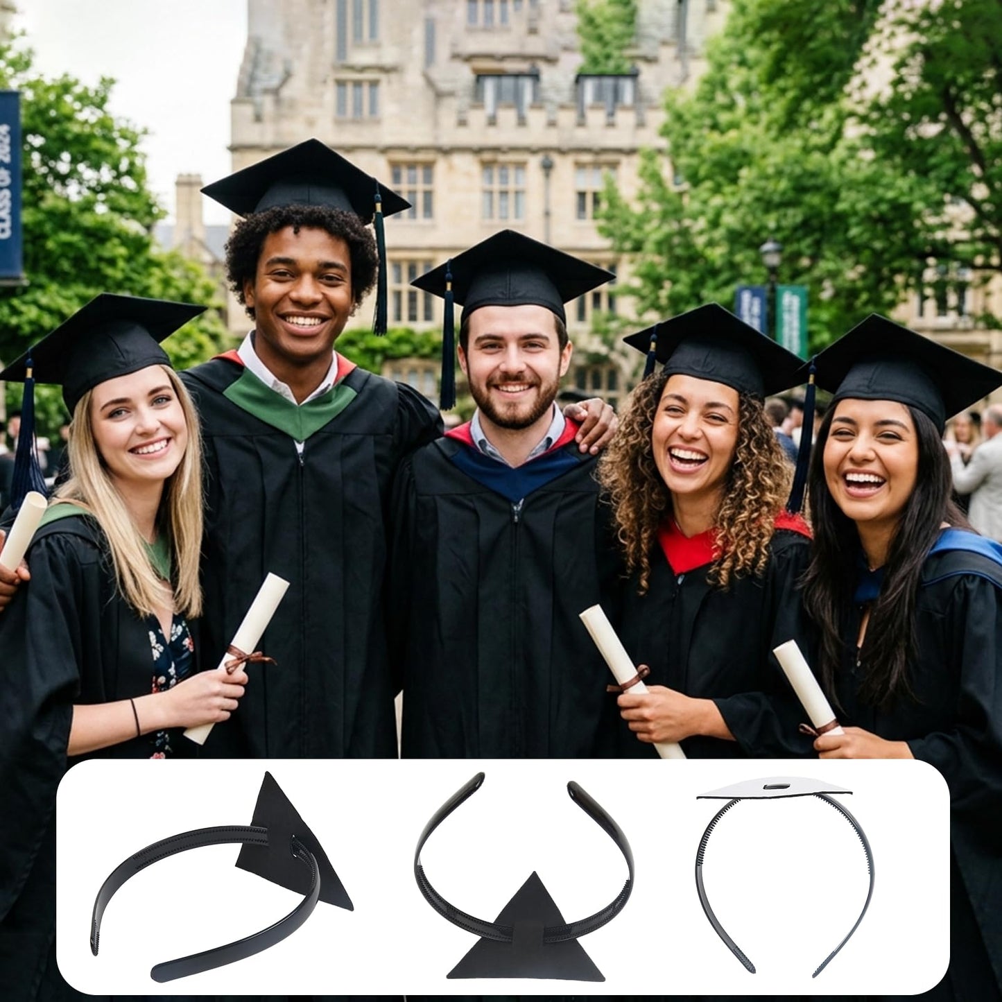 TERSE Graduation Cap Headband Insert for Hair, Secure Fit Grad Cap Head Band for Curly and Thick Natural Hair, No-Slip Headband for Graduation Caps for Women and Men, Black