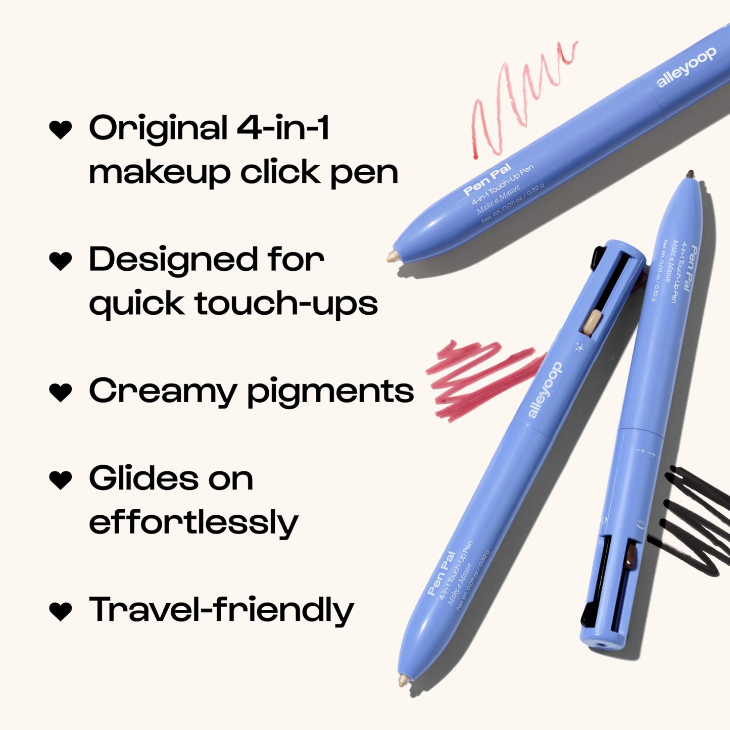 Alleyoop Pen Pal 4 in 1 Makeup Pen – All-in-One Eyeliner, Lip Liner, Highlighter & Concealer Pencil, Eyebrow Pencil for Women, Compact Travel Makeup Easy Touch-Ups On the Go,Vegan (In A Rouge - Light)