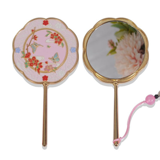 LOVNAHO Vintage Handheld Mirror -Traditional Floral Embossed Hand Held Mirrors with Handle, Elegant Small Hand Mirrors for Girls, Makeup, Travel, braiding (Gold&Pink, 2.7x5.2 inch)