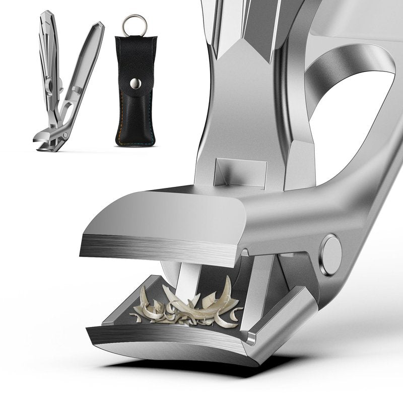 FVION Angled Head Toe Nail Clippers for Thick Nails - Ergonomic Long Handle Toenail Clippers for Seniors with Safety Lock, Stainless Steel Finger Nail Clippers with Catcher for Men and Women (Silver)