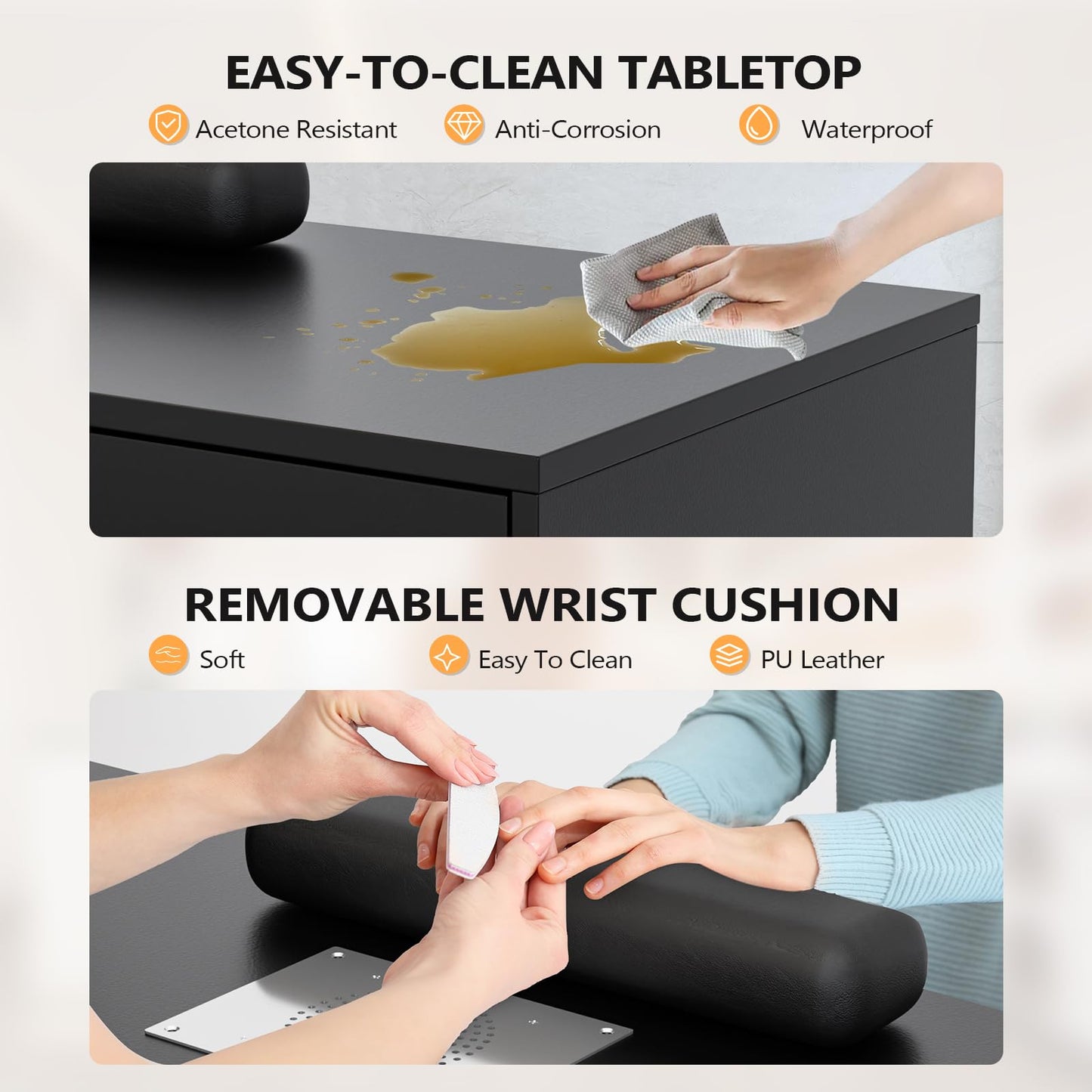 OmySalon L Shaped Manicure Table with Dust Collector, 52" L Corner Nail Desk for Nail Techs, w/Polish Display Rack Arm Rest, Acetone Resistant Top, Drawer and Cabinet Storage, for Nail Salon (Black)