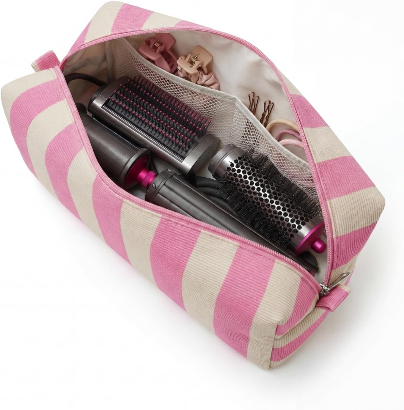 Striped Hair Tools Travel Bag - Corduroy Organizer for Hair Dryer & Flat Iron | Aesthetic Foldable Design (Pink & Beige)