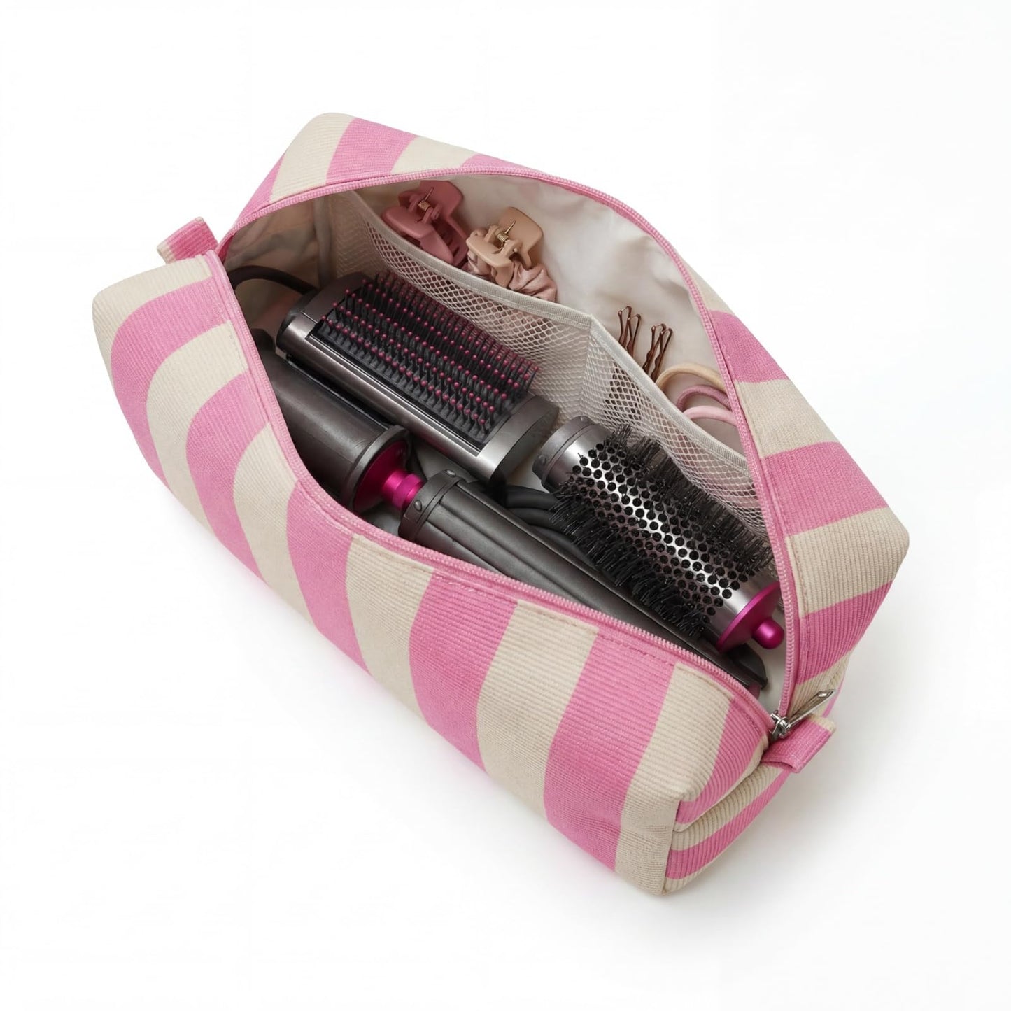 RSRSLEII Striped Hair Tools Travel Bag，Corduroy Hair Dryer Bag, Flat Iron Curling Iron Bag, Aesthetic Foldable Travel Organizer (04Pink&Beige)