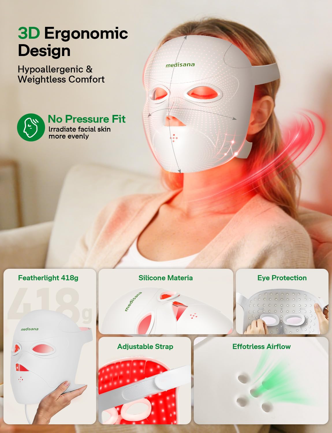 Medisana 3D Red Light Therapy for Face, 336 LEDs with 3 Modes - NIR 830nm, Red 630nm, Blue 415nm - 3D Ergonomic Silicone Design, Cordless & Rechargeable LED Face Mask, Skincare Gifts for Women