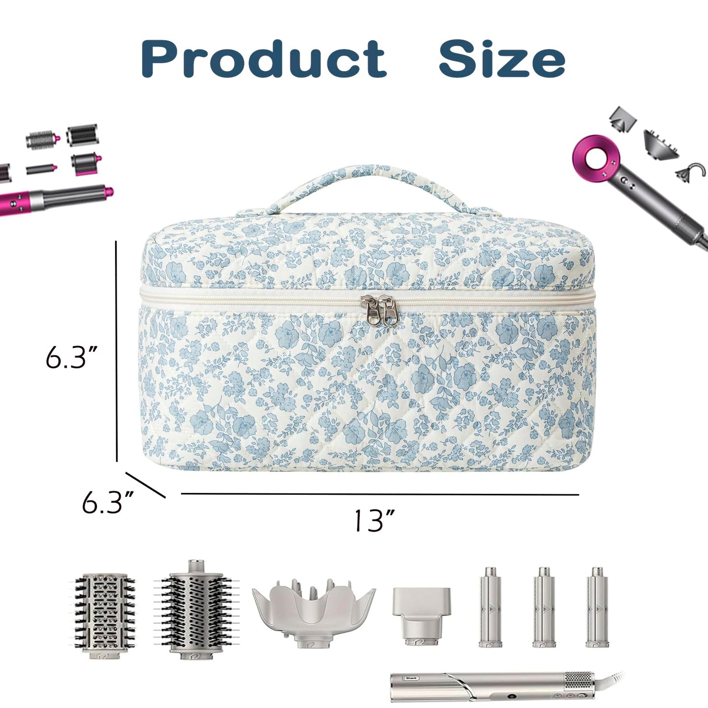 Quilted Cotton Hair Tools Travel Bag Compatible with Dyson Airwrap,Hair Styling Cosmetic Case for CurlingIron,Flat Irons and Attachments,Portable and Foldable Makeup Bag (01Blue Flower)