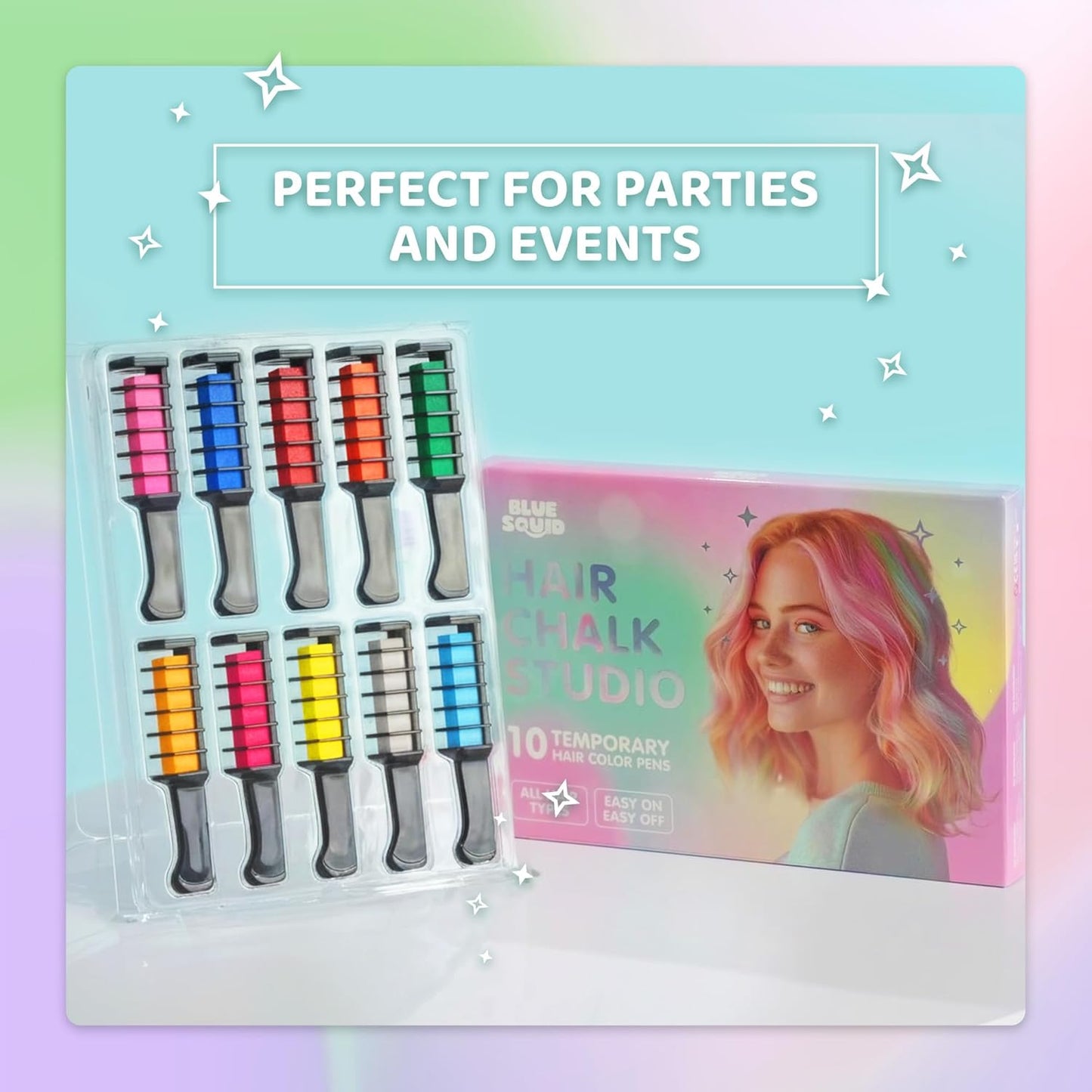 Temporary Hair Chalk Comb - 10 Vibrant Washable Colors for Girls & Teens | Perfect for Parties, Cosplay & Halloween