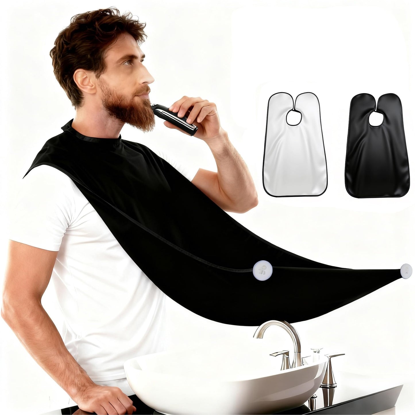 Beard Bib Apron for Men, 2 Pack Hair Catcher for Shaving & Trimming, Non-Stick Shave Cape with Suction Cups, Men's Grooming Accessories, Gifts for Husband Dad Boyfriend (Black & White)