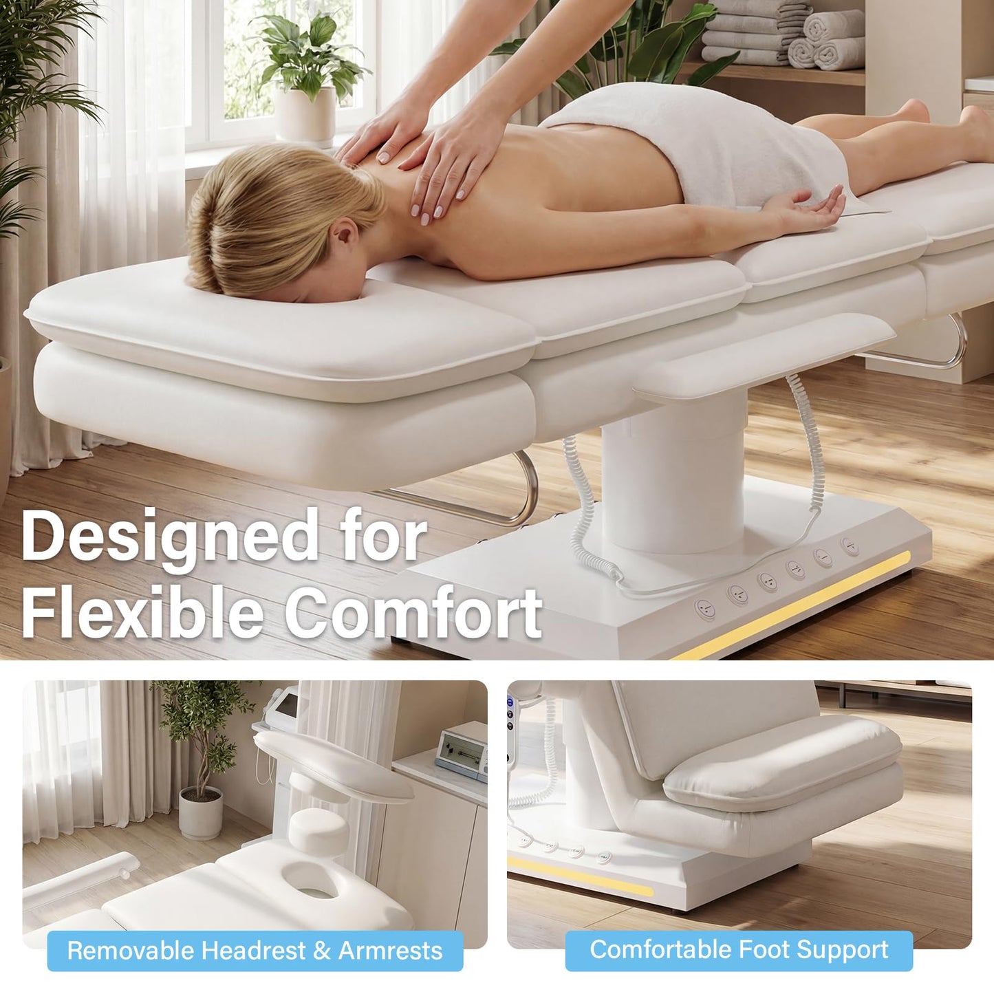 HolaiNail Electric Massage Table w/Stool, 3 Motor Professional Spa Bed, Foot Pedal & Remote Control, Height Adjustable Wide Facial Table for Salon & Spa (White | with Rolling Stool)