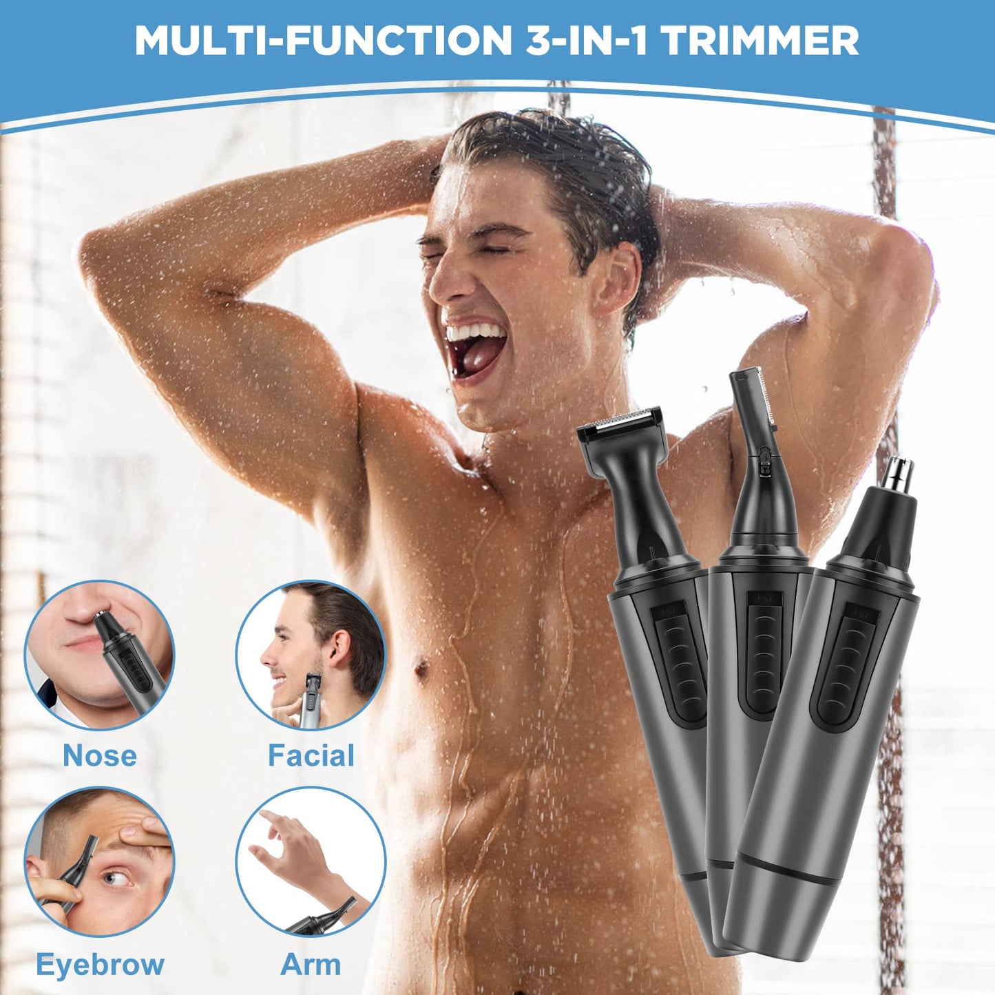 AREYZIN Nose Hair Trimmer for Men,2026 Professional 3 in 1 Painless Rechargeable Ear and Nose Trimmer,IPX7 Waterproof Eyebrow Facial Hair Trimmer Body Grooming Kit Dual Edge Blades(Dark Gray)