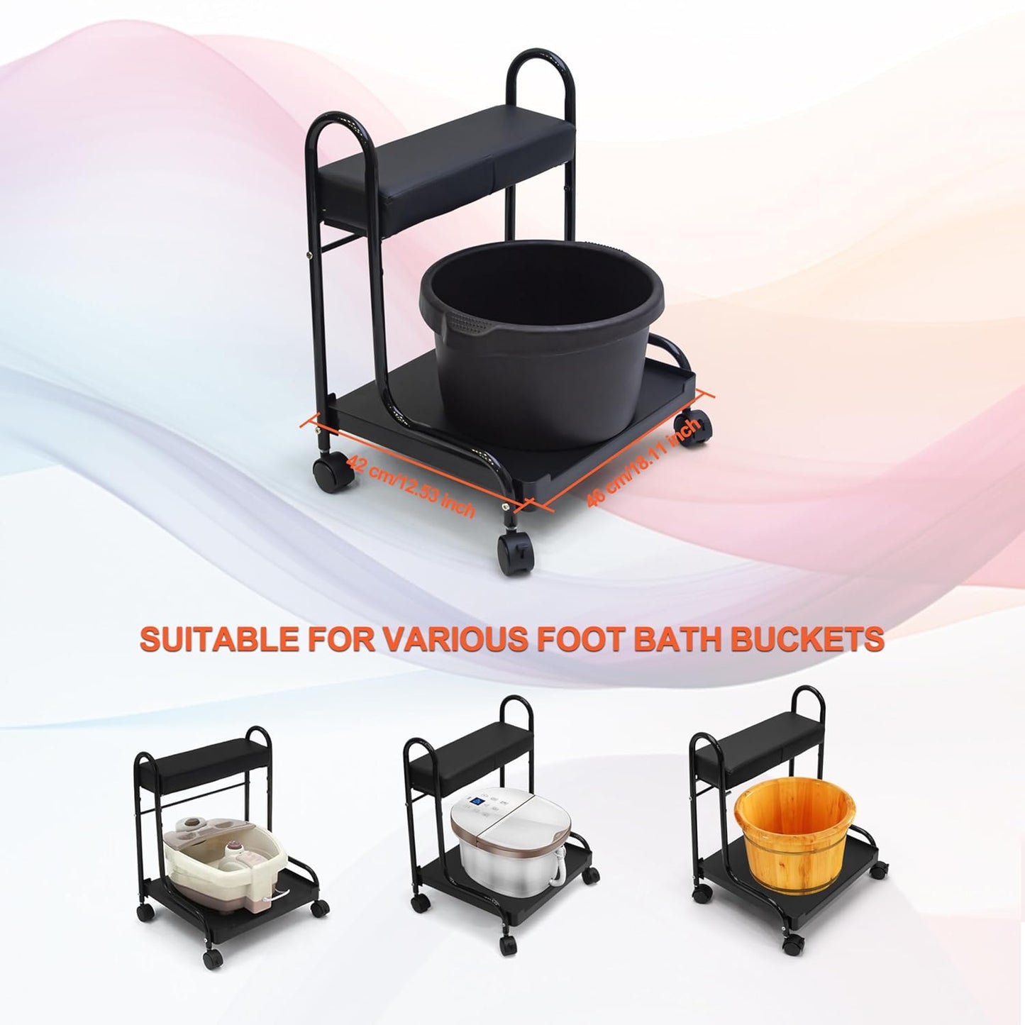 Portable Nail Foot Bath Spa Trolley Cart - Adjustable Height PU Cushion | Black Esthetician Furniture