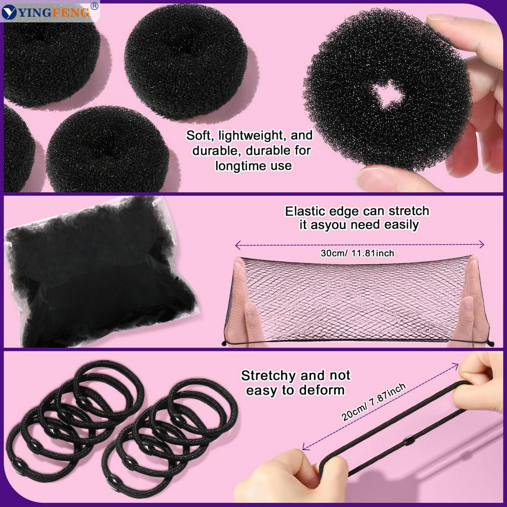 134 Pcs Black Hair Bun Maker Kit - 4 Donuts, 20 Nets, 100 Bobby Pins | Kids & Women Hair Accessories