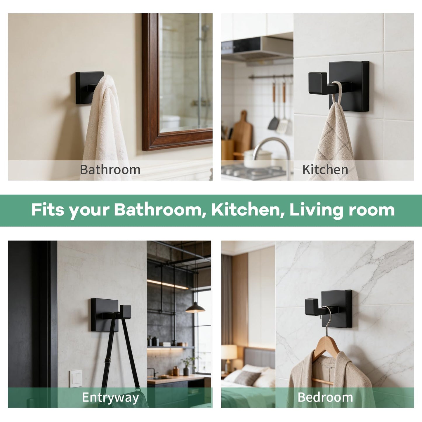 Linhutrunk Black Towel Hooks for Bathrooms, 2 Pack SUS304 Stainless Steel Rustproof Wall Mounted Bathroom Hooks, Heavy Duty Robe Hook Modern Toalleros para Baños Modernos for Towels, Coats & Kitchen