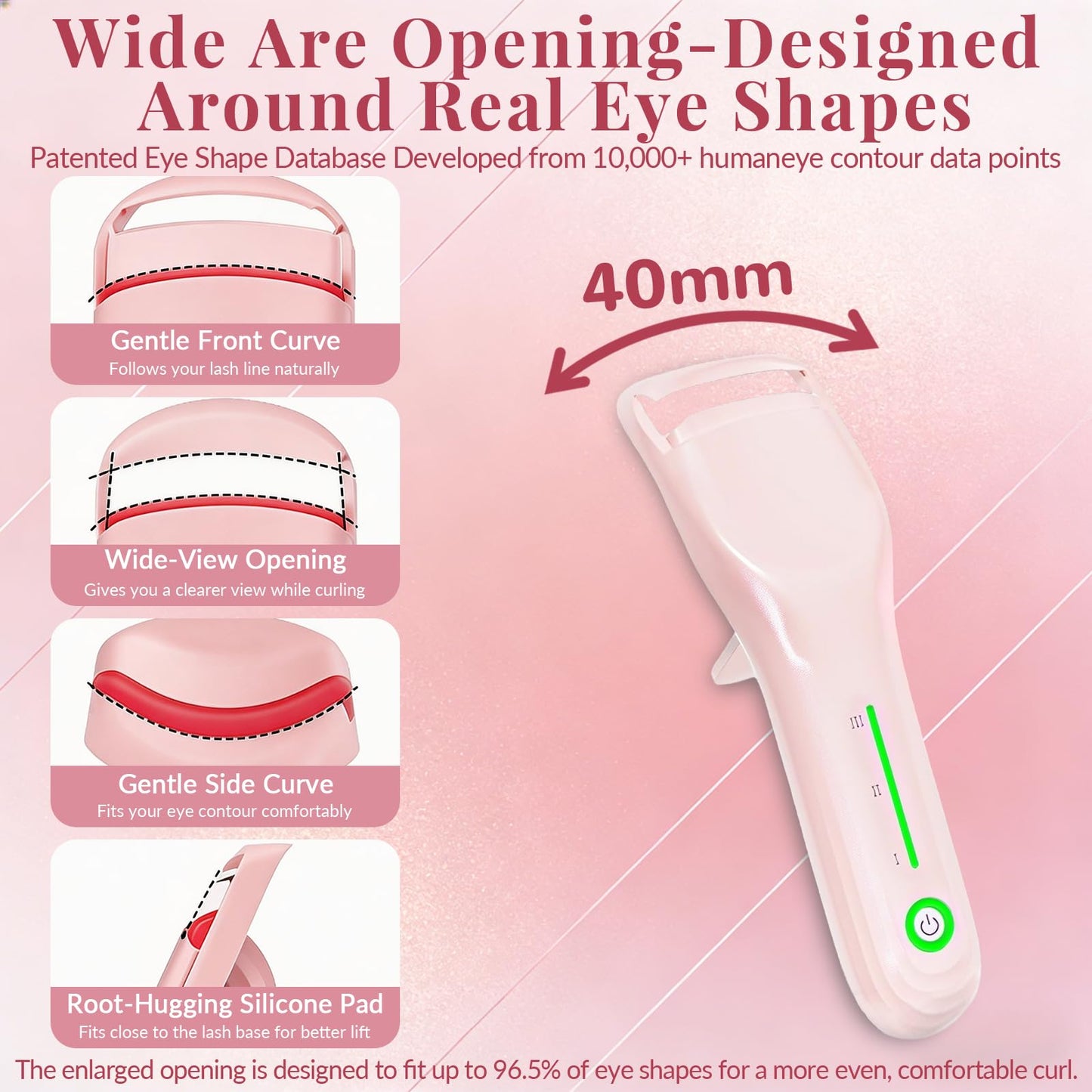 Heated Eyelash Curler, 3 Heat Levels, 8s Fast Heat, 24H Natural C-Curl Lift, Anti-Burn Silicone Pad, USB-C Rechargeable, Auto Shut-Off, Wide-Arc Design for Fine, Thick & False Lashes