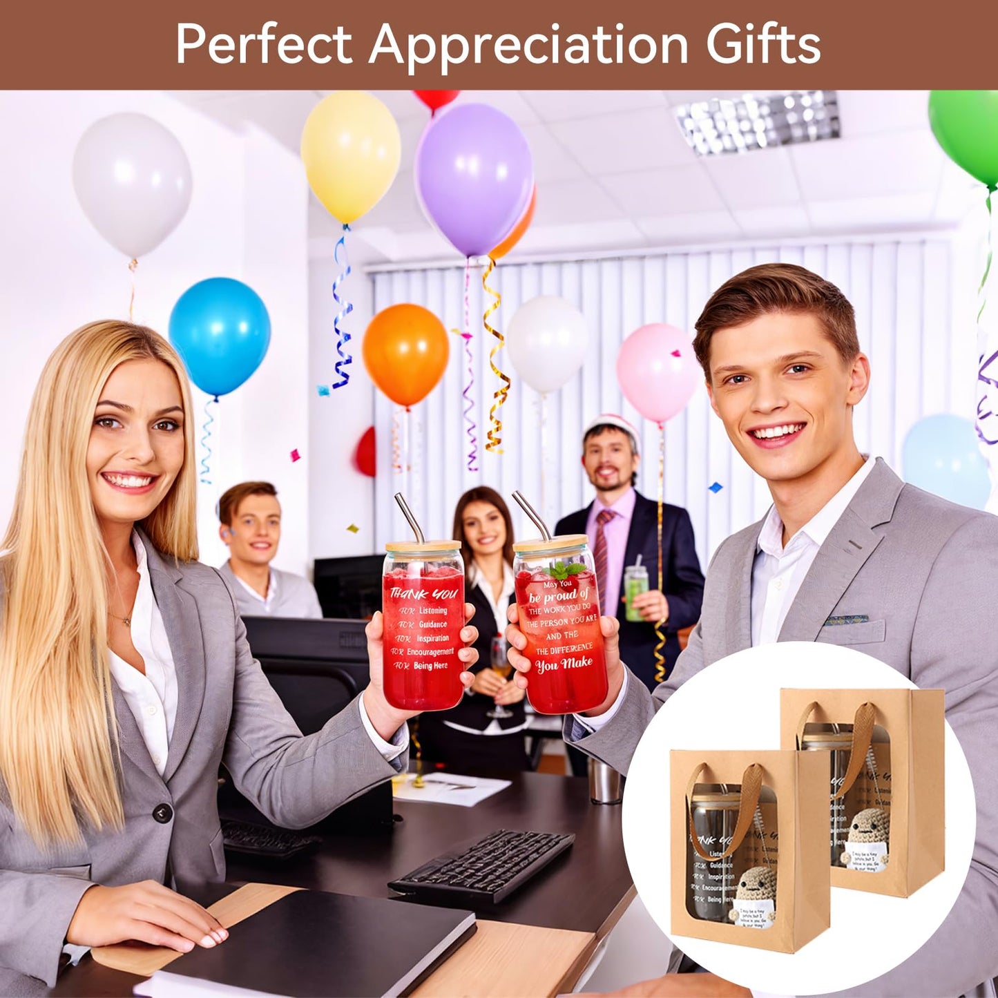 42 Pcs/6 Sets Employee Appreciation Gifts Bulk - Includes 16oz Glass Cups with Bamboo Lid, Positive Crochet, Inspirational Notebooks with Pens, Kraft Paper Gift Bags & Straw - Thank You Gifts for Coworkers, Teachers, Staff & Team