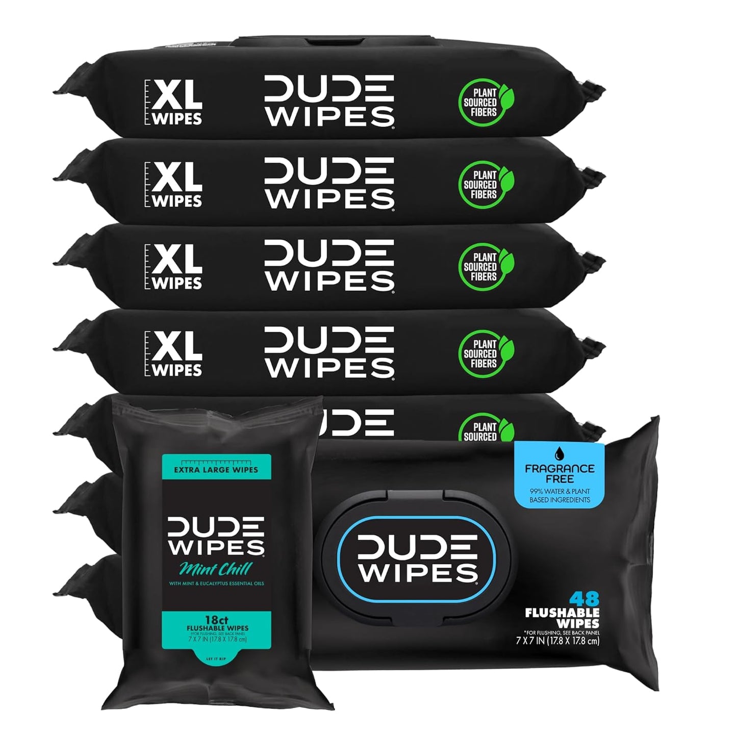 Dude Wipes Unscented Flushable Wipes - Extra-Large Adult Wet Wipes for Sensitive Skin | 6 Pack (288 Count) with Vitamin E and Aloe
