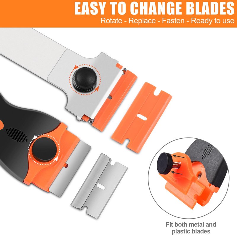 NECAMOCU 4 Pack Razor Blade Scraper, Premium Cleaning Scraper Tool with 50 PCS Metal & Plastic Razor Blades, Multi-Purpose Glass Scraper for Windows, Sticker, Decals, Cooktop, Paint Removal (Orange)