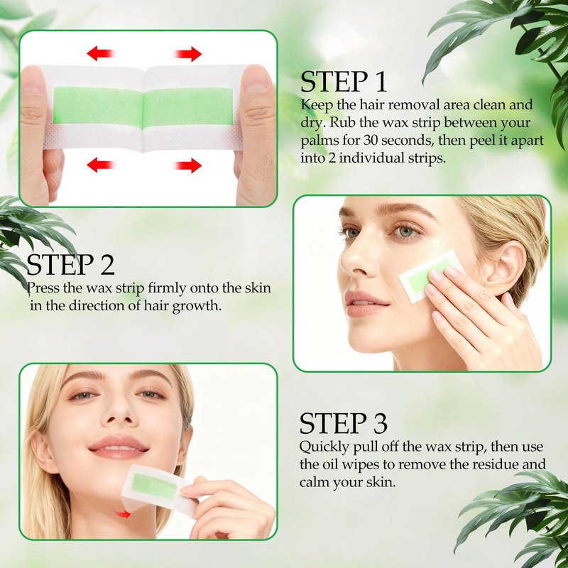 Facial Wax Strips for Hair Removal, Wax Strips for Face, 60PCS Hair Removal Waxing + 3 Calming Oil Wipe, Upper Lip, Chin, Eyebrow, Armpit, Bikini Line, Face Waxing Kit for Women, Long-Lasting Results