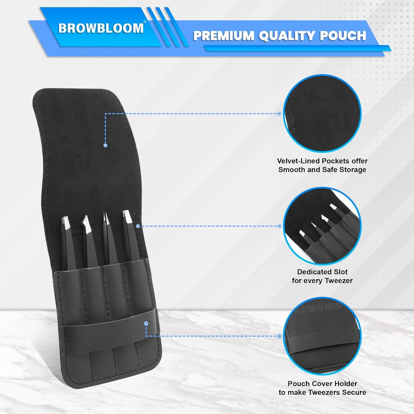Professional Tweezers Set - 4-Piece Black Stainless Steel Precision Tweezers for Facial Hair & Eyebrows | Includes Carrying Pouch