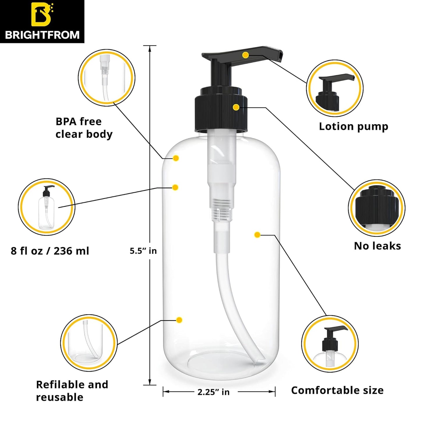 Empty Lotion Pump Bottles - 8 Oz Refillable BPA-Free Plastic Containers | Clear for Soap, Shampoo, Lotions & Creams (Pack of 2, Black)
