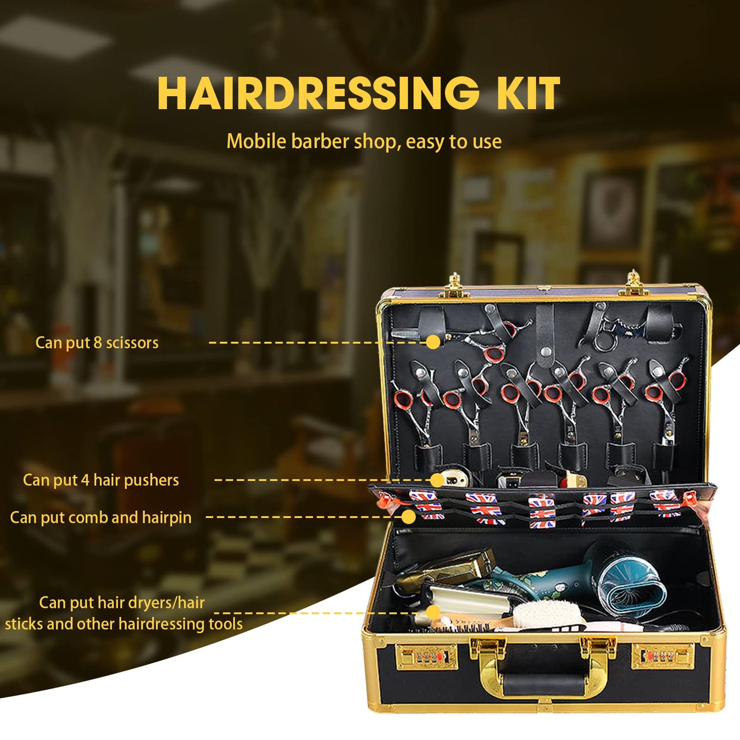 GGAIFbp Barber Accessories Case,Barber Briefcase Tool Case,Barber Carrying Cases for Clippers and Supplies,Double Layer Large Barbers Box Travel Organizer, Barber Suitcase Gold