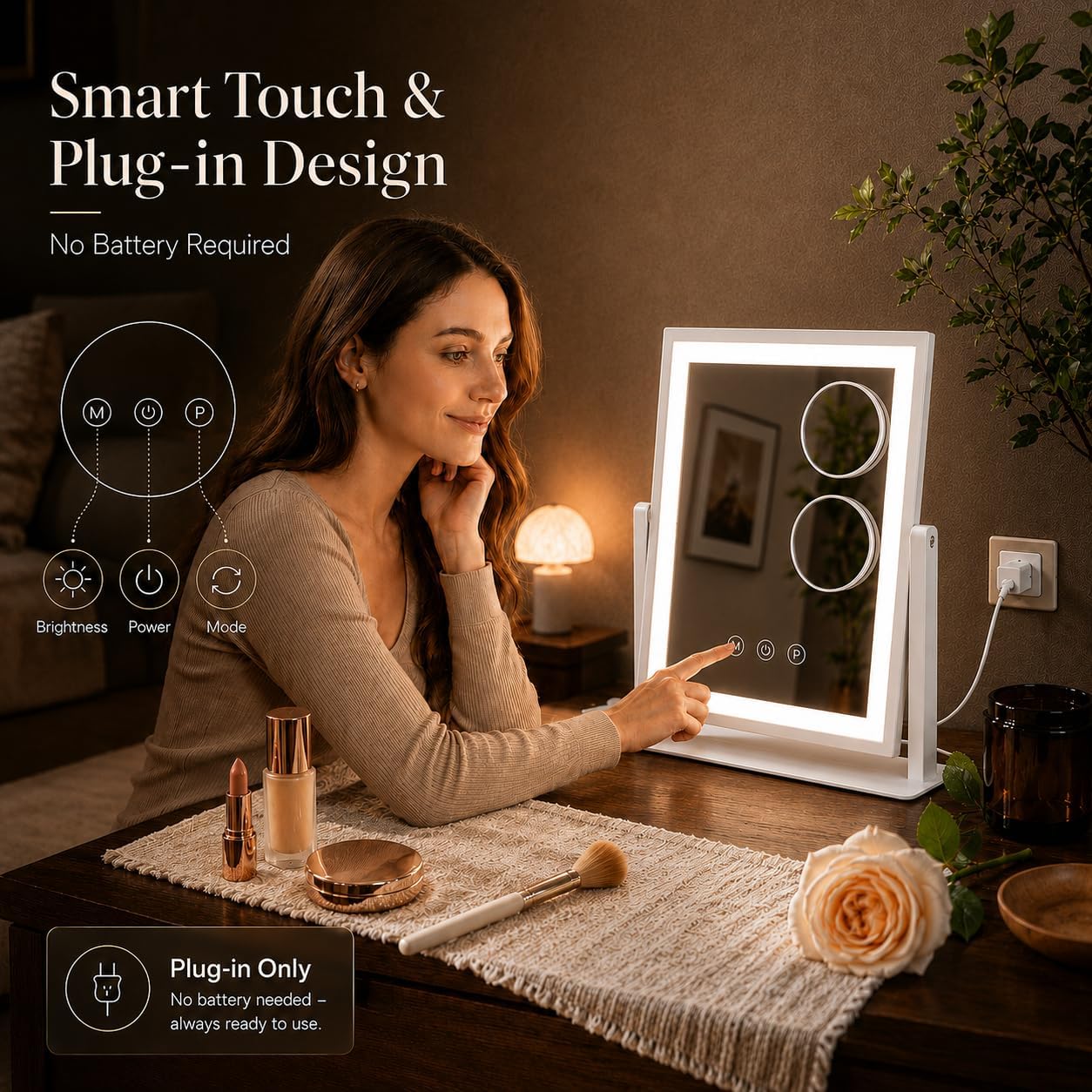 LED Vanity Makeup Mirror - 14.1 Inch with Dimmable Touch Control, 10X/5X Magnifiers & 3 Color Modes | 360° Rotation
