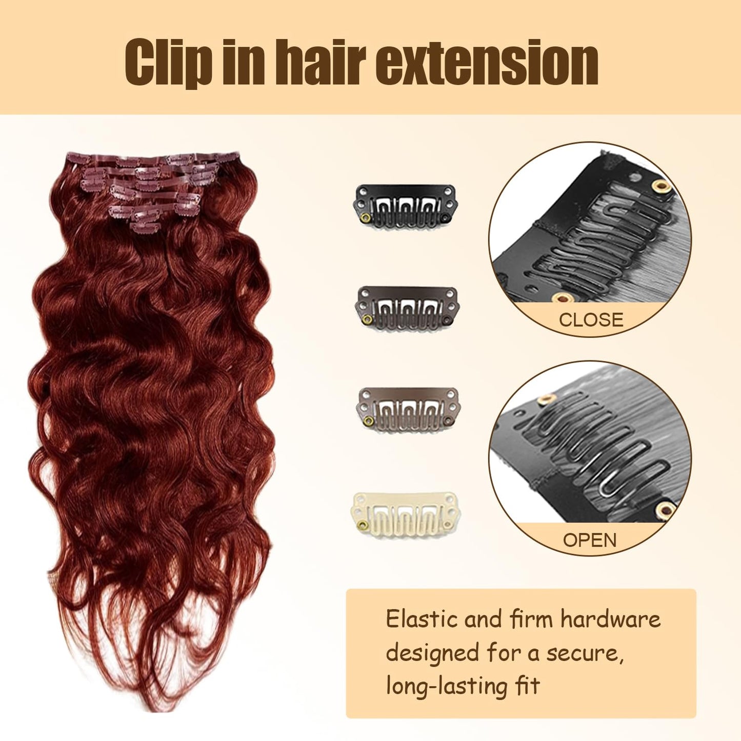#33 Reddish Brown Clip in Hair Extensions Real Human Hair, 32 Inch 120g/7Pcs,Full Shine Remy Human Hair,Copper Red Long Wave Clip ins Brazilian Virgin Human Hair Extensions