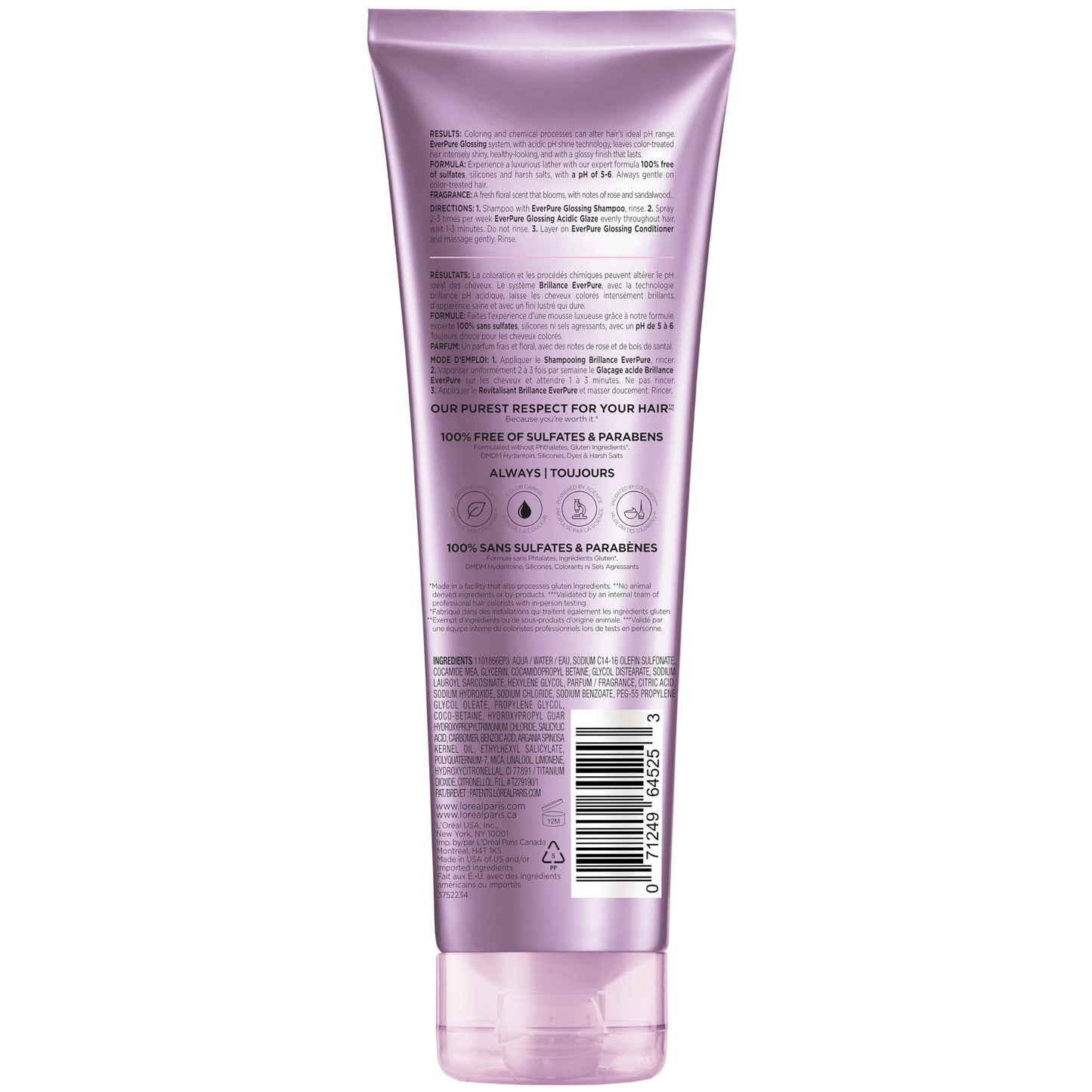 L'Oreal Paris Sulfate Free Glossing Shampoo, Intensifies Hair Shine & Smoothness, pH Balanced & Argan Oil Infused Vegan Hair Care, EverPure, 8.5 Fl Oz