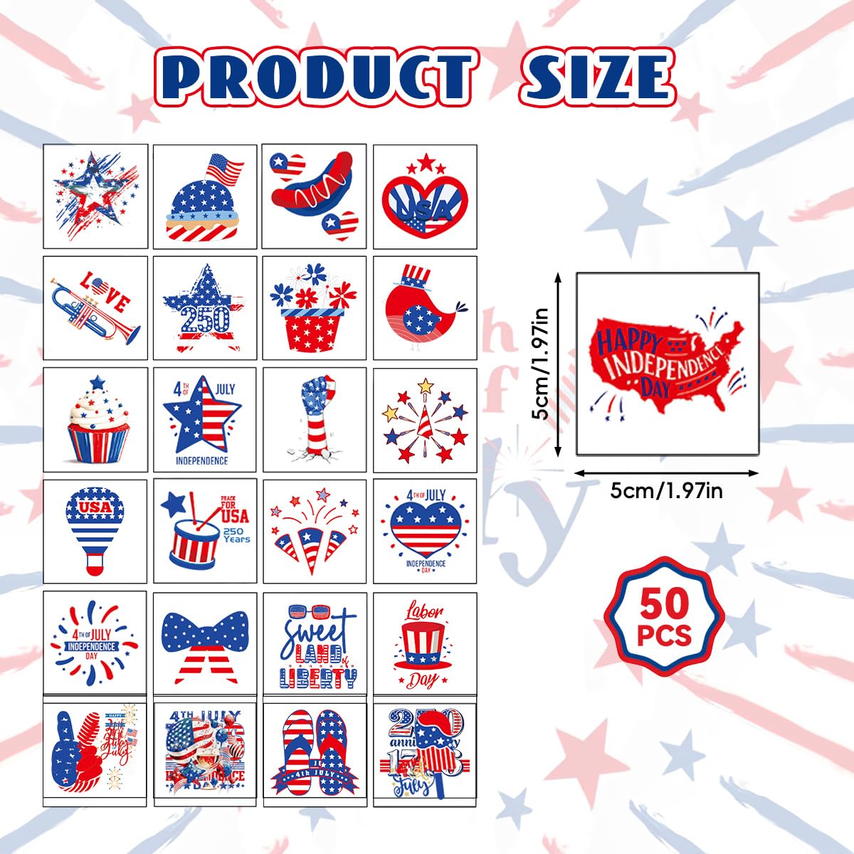 50Pcs 250th Independence Day Temporary Tattoos, Patriotic 4th of July Temporary Tattoos Stickers, Red White Blue Decorative Designs for Kids and Adults, Suitable for Parades and School Celebrations(C)