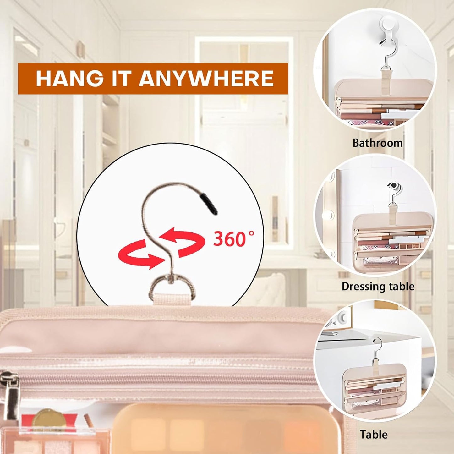 Toiletry Bag - Water-Resistant Travel Organizer with Hanging Hook | Large Light Pink for Makeup & Accessories