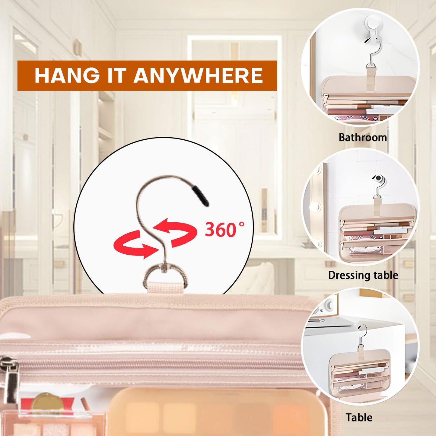 BAFAMYE Toiletry Bag Travel Bag with Hanging Hook, Water-Resistant Makeup Cosmetic Bag Organizer for Accessories, Full-Size Shampoo and Toiletries, Large, Light Pink, BAF-019
