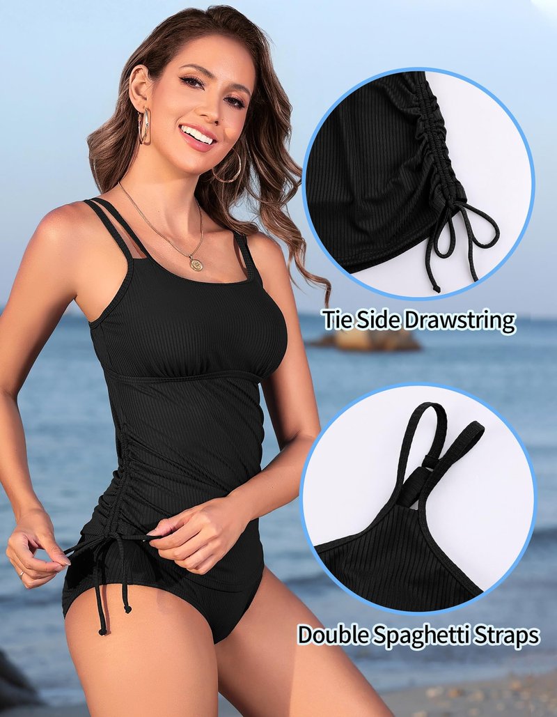 ANFILIA Two Piece Tankini Swimsuits for Women Ribbed Drawstring Tankini Top with Bottom Tummy Control Bathing Suit