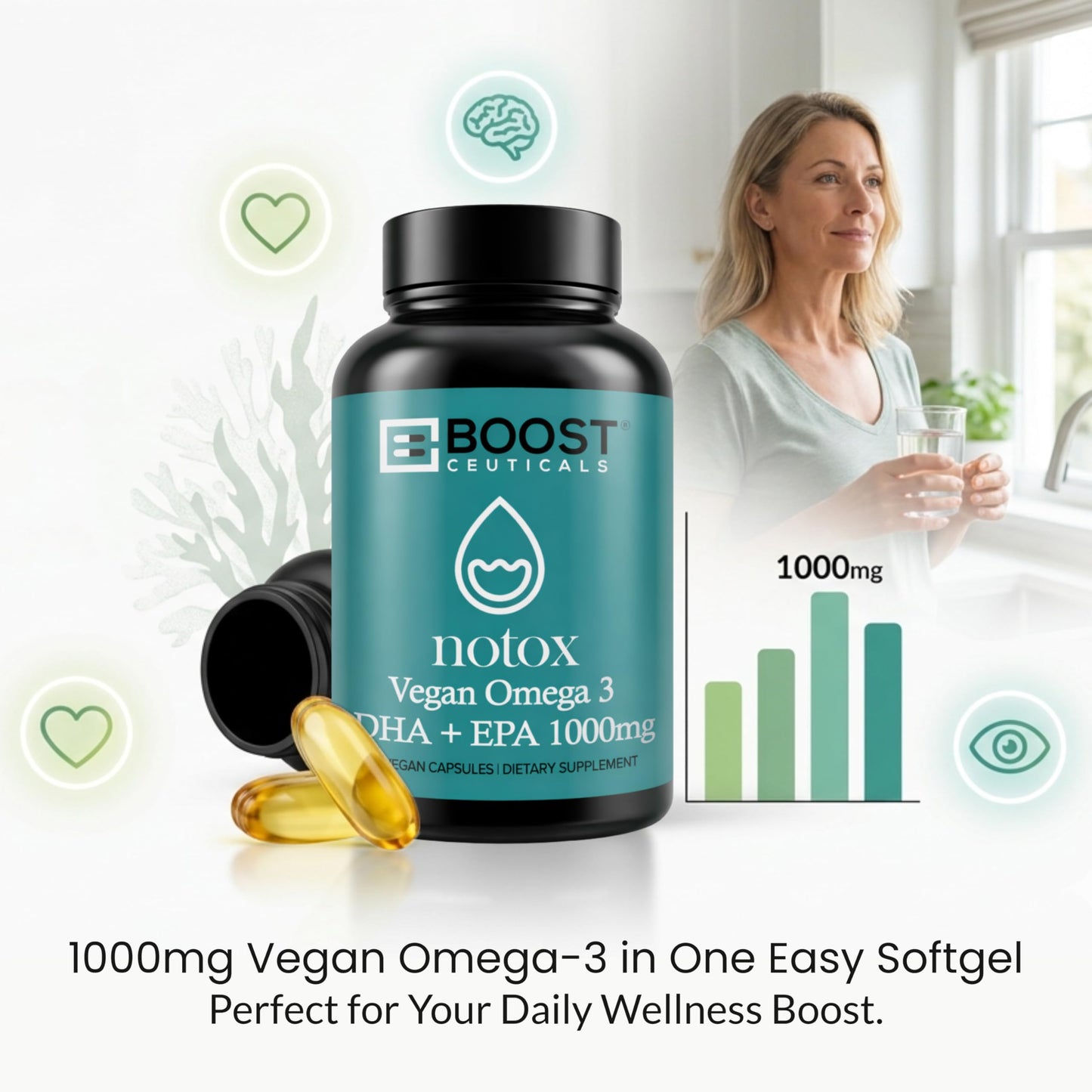 Vegan Omega 3 Algae DHA 410mg Supplement | No Fishy Aftertaste | Heart Brain | Schizochytrium sp DHA EPA Algae Oil 60ct