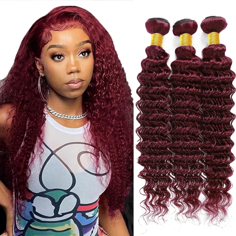 #99J Wine Red Human Hair Bundles Deep Wave Bundles 16 16 16 Inch Burgundy Unprocessed Brazilian Virgin Hair 3 Bundle 50 Gram Per Bundle Deals Quick Weave Hair Extensions