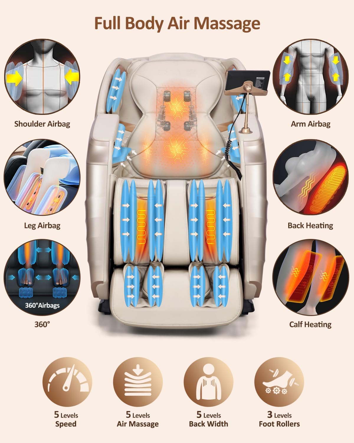 Full Body Shiatsu Massage Chair - 20 Modes, Zero Gravity, Heat & Airbag Massage | Deep Yoga Stretch, Cream